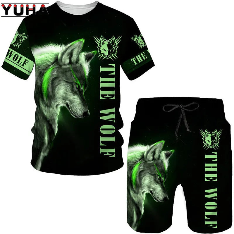 YUHA, The Wolf 3D Printed Cool T-shirt & Shorts Suit Men's Summer Short Sleeve O-neck Tops Male/Female Casual Sportwear Tracksui