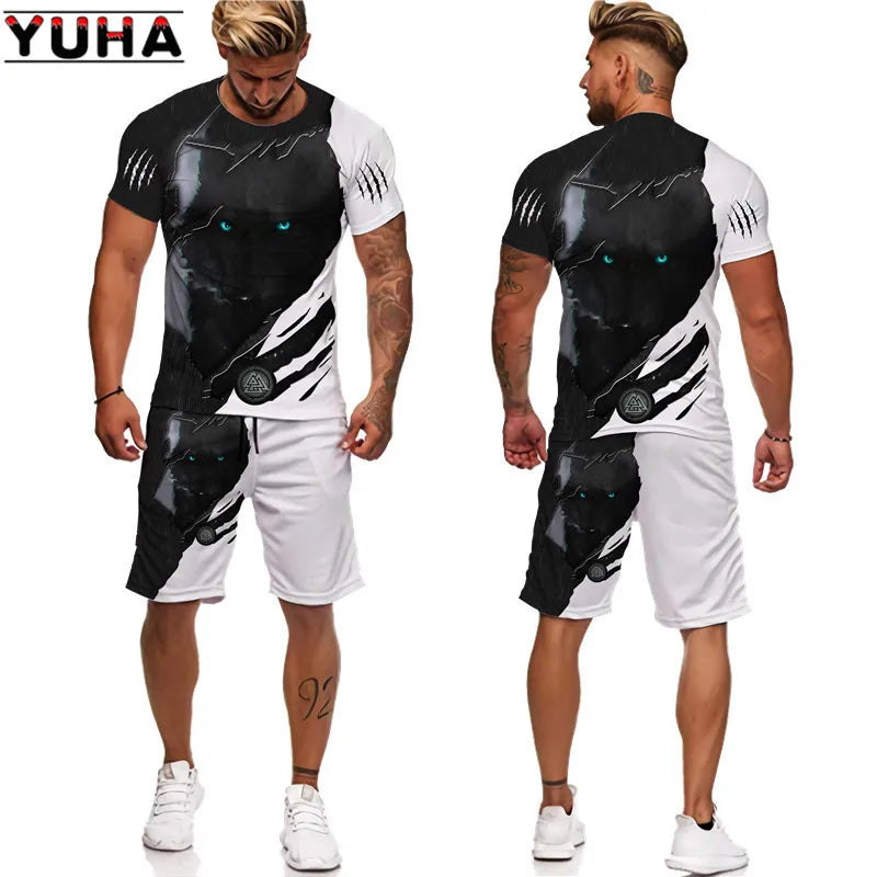 YUHA, The Wolf 3D Printed Cool T-shirt & Shorts Suit Men's Summer Short Sleeve O-neck Tops Male/Female Casual Sportwear Tracksui