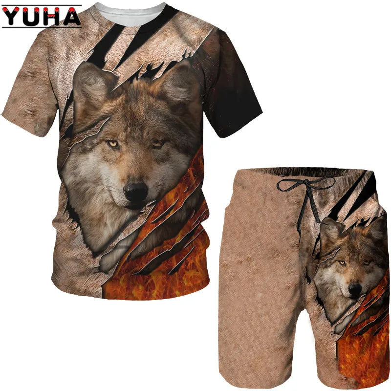 YUHA, The Wolf 3D Printed Cool T-shirt & Shorts Suit Men's Summer Short Sleeve O-neck Tops Male/Female Casual Sportwear Tracksui