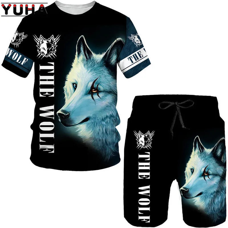 YUHA, The Wolf 3D Printed Cool T-shirt & Shorts Suit Men's Summer Short Sleeve O-neck Tops Male/Female Casual Sportwear Tracksui