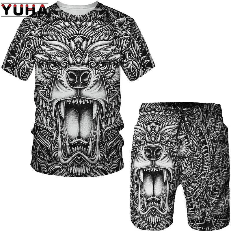 YUHA, The Wolf 3D Printed Cool T-shirt & Shorts Suit Men's Summer Short Sleeve O-neck Tops Male/Female Casual Sportwear Tracksui