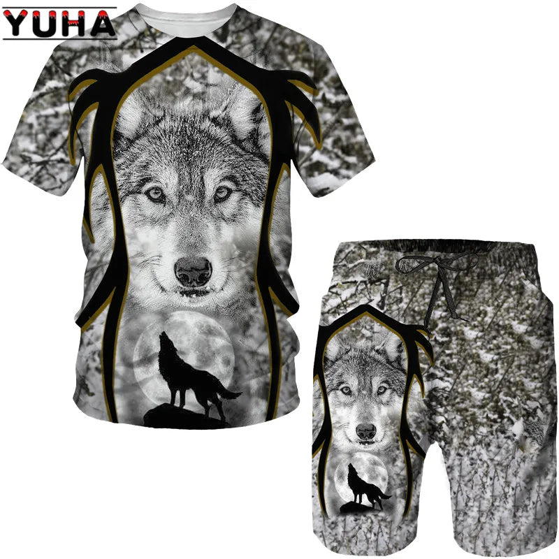 YUHA, The Wolf 3D Printed Cool T-shirt & Shorts Suit Men's Summer Short Sleeve O-neck Tops Male/Female Casual Sportwear Tracksui