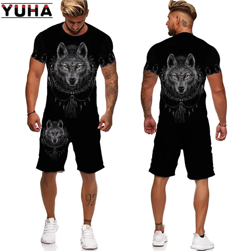 YUHA, The Wolf 3D Printed Cool T-shirt & Shorts Suit Men's Summer Short Sleeve O-neck Tops Male/Female Casual Sportwear Tracksui