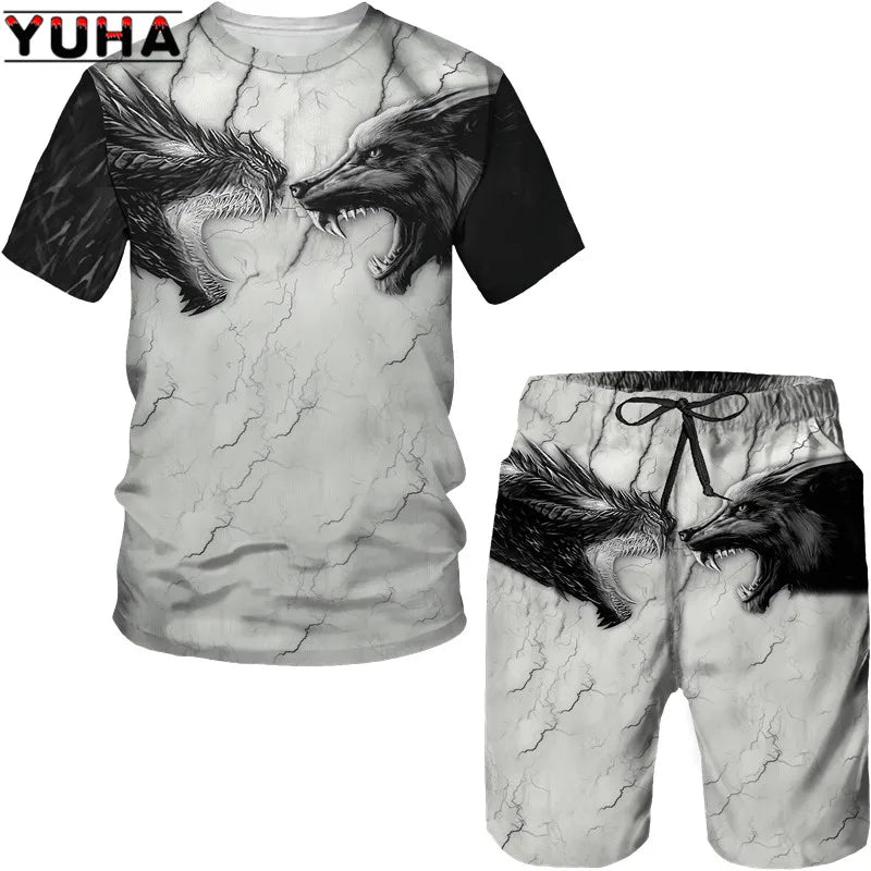 YUHA, The Wolf 3D Printed Cool T-shirt & Shorts Suit Men's Summer Short Sleeve O-neck Tops Male/Female Casual Sportwear Tracksui