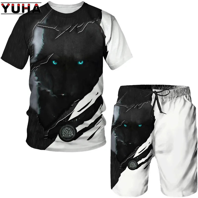 YUHA, The Wolf 3D Printed Cool T-shirt & Shorts Suit Men's Summer Short Sleeve O-neck Tops Male/Female Casual Sportwear Tracksui
