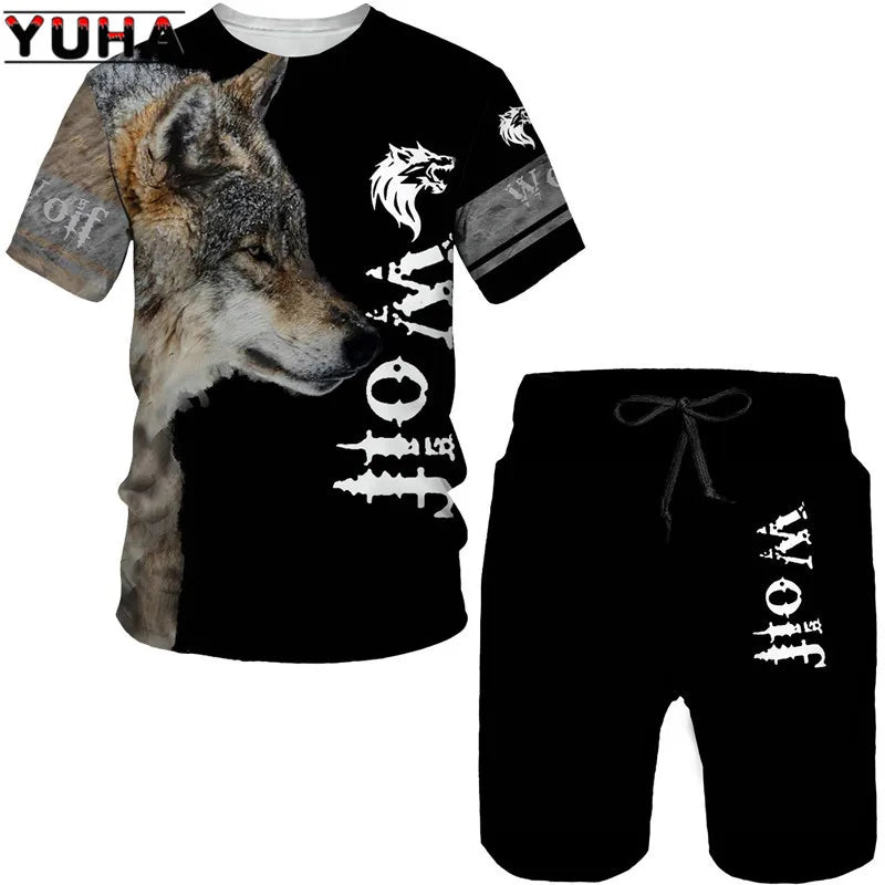 YUHA, The Wolf 3D Printed Cool T-shirt & Shorts Suit Men's Summer Short Sleeve O-neck Tops Male/Female Casual Sportwear Tracksui